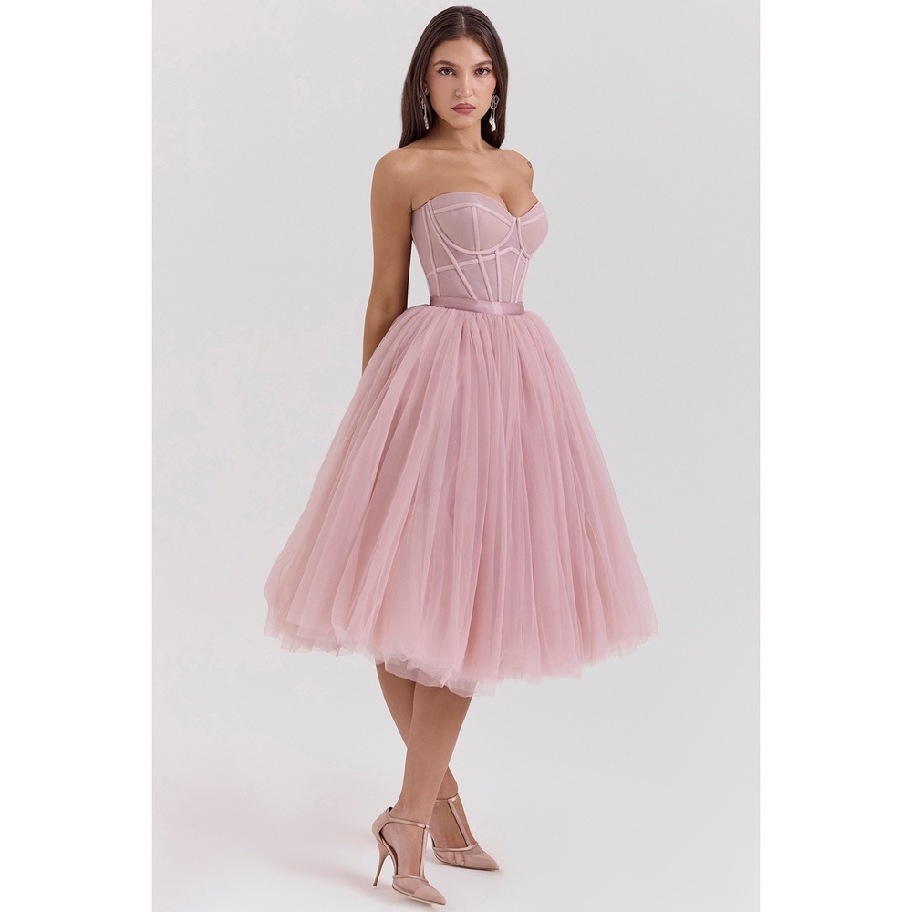 House of CB Darling French Rose Tulle Strapless Midi Dress - Size Medium - Picture 5 of 16